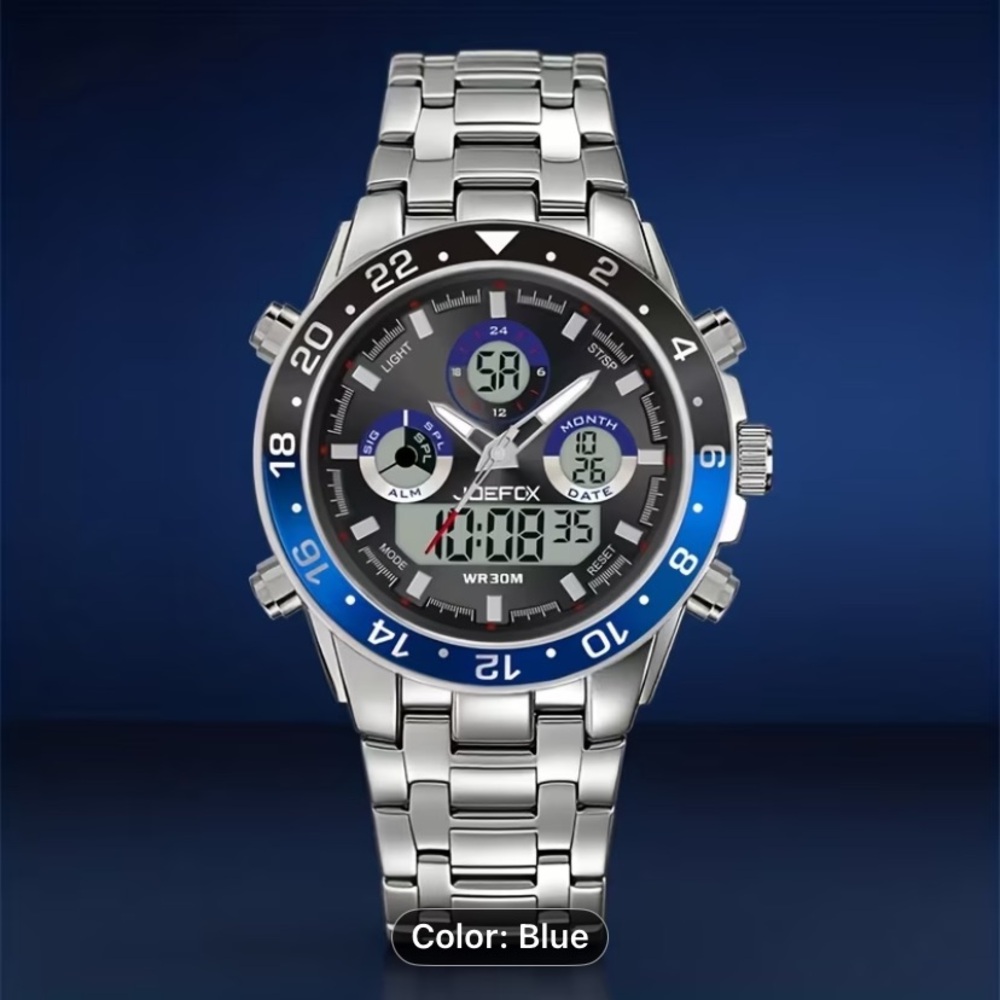 New Stainless Steel Silver & Blue Electronic  & Antilog Joefox Watch